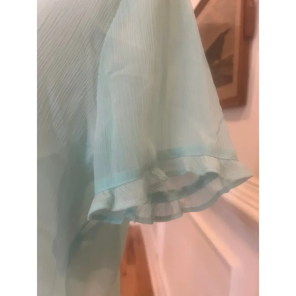 NOTATIONS sheer TURQUOISE RUFFLED button up top womens size large - Picture 6 of 8